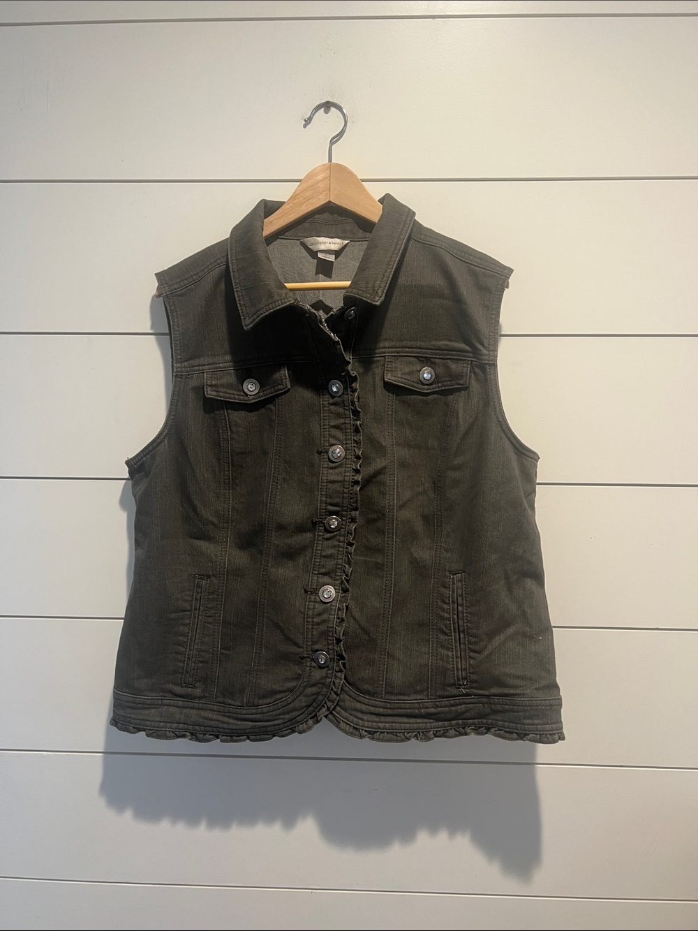 Darling Button-Front Utility Vest in Dark Olive with hem details